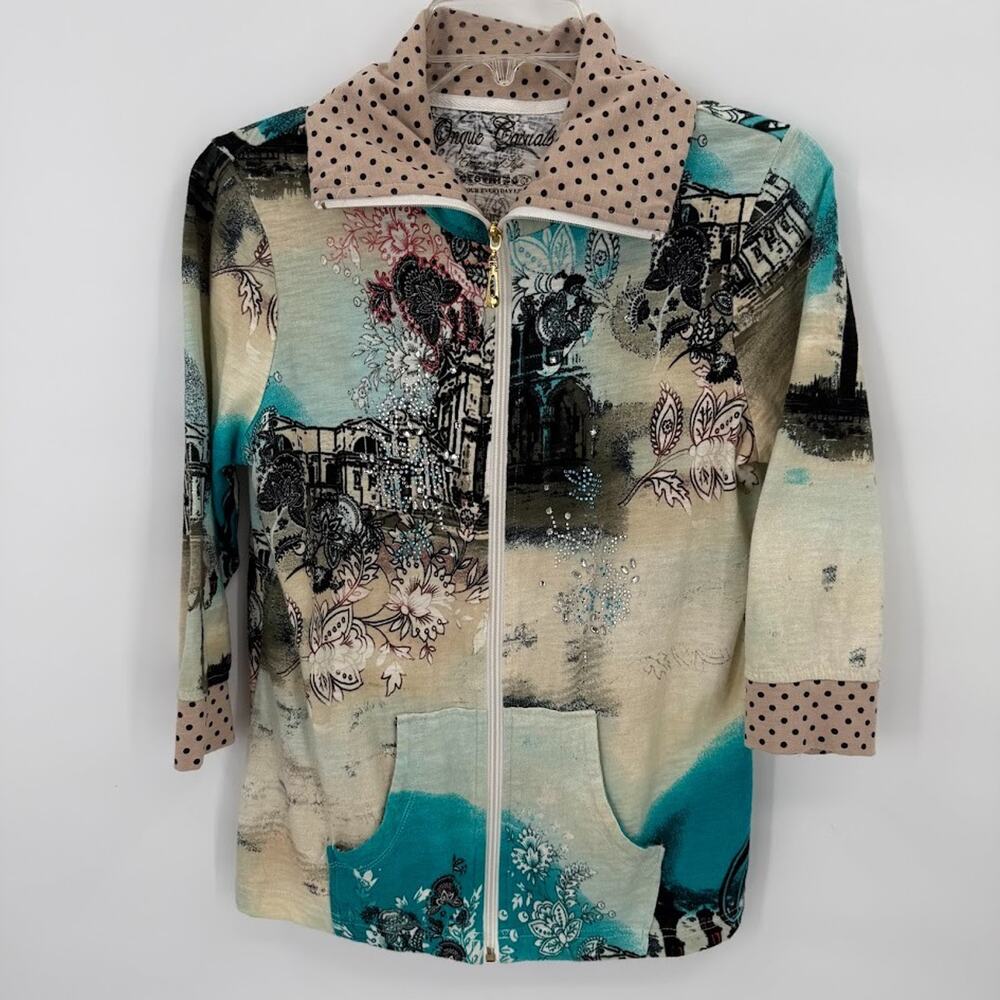 Unique Casuals Elements of Eque Womens Zip Jacket Small Rhinestone Scenic Print